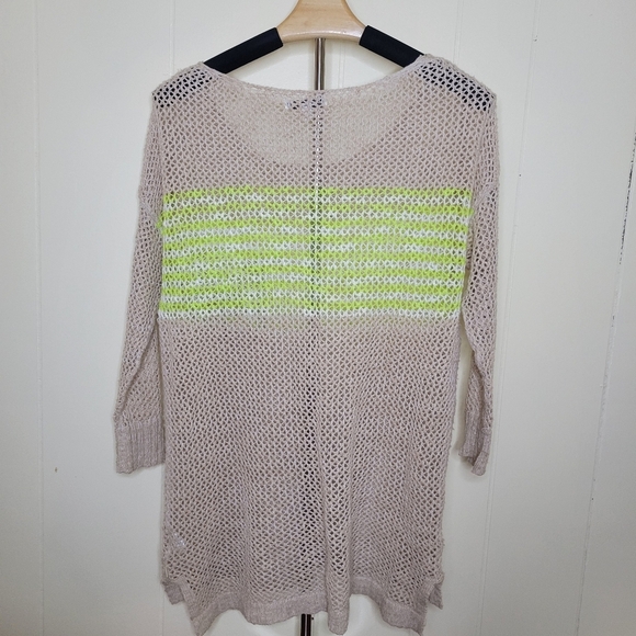 American Eagle Tan Neon Green Color Block Chunky Knit 3/4 Sleeves Top - Picture 3 of 6